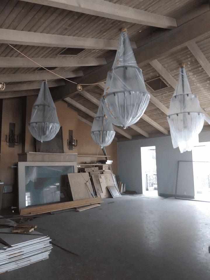 new construction area and large wrapped chandelier lights